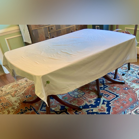 Pottery Barn 100% cotton off white 70” square tablecloth and 16” by 90” runner. - Picture 1 of 9